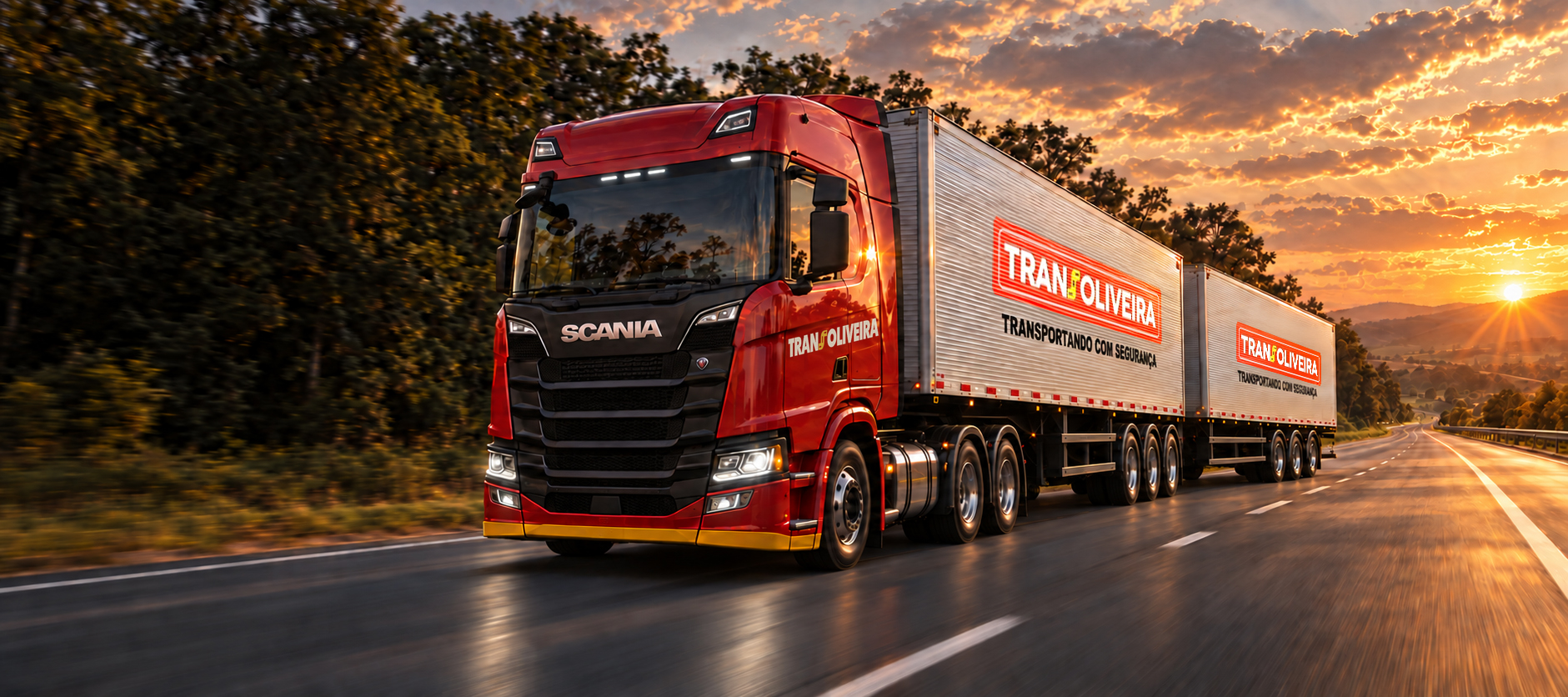 Ilustração de um Scania com a identidade Transoliveira em uma estrada ao pôr do sol